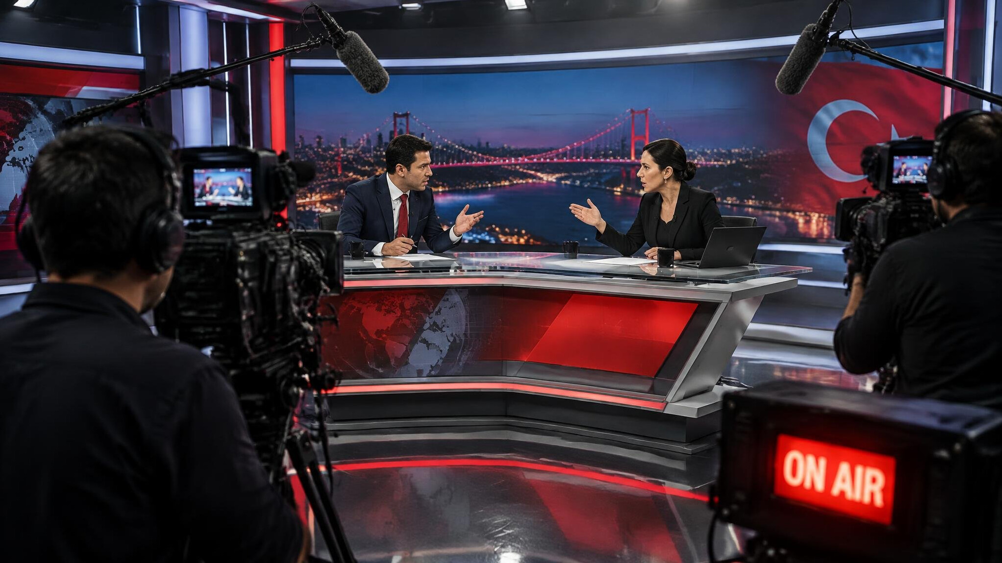 Tense moment in a TV studio during a live broadcast with hosts and crew